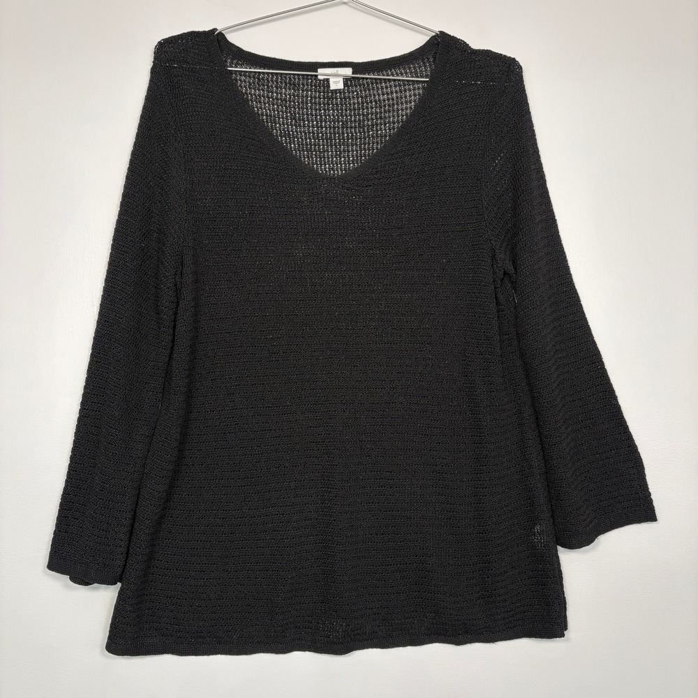 J. Jill Women‎ Sweater L Black Linen Blend V-Neck 3/4 Sleeve Open Knit 
Beach